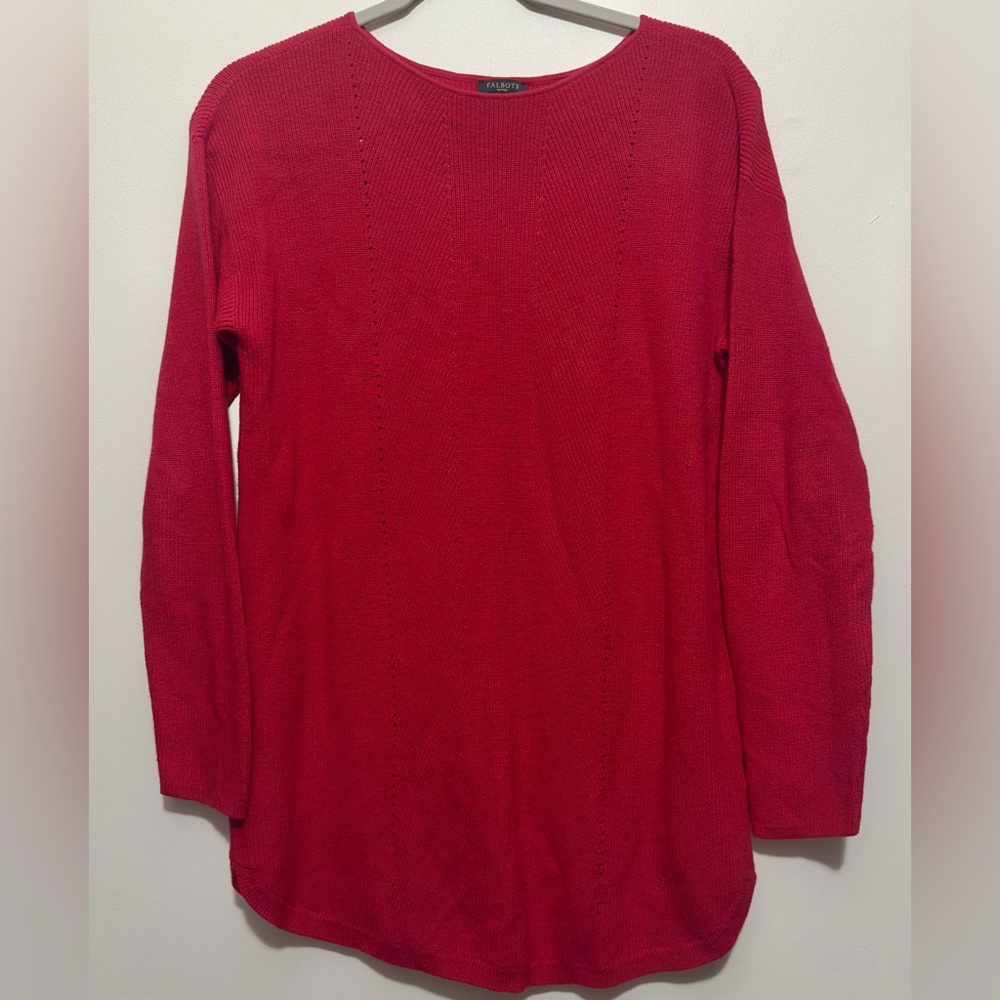 Talbots Red Tunic Sweater Petite Size Large Cotton Cashmere Blend Round Neck